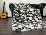 Real Black White  Fox Fur Blanket Throw • Housewarming Gift Sofa Cover n Bedspread •  Handmade Genuine Fur