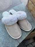 Fur Slippers Beige , Genuine Leather, Sheepskin