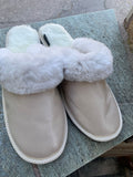 Fur Slippers Beige , Genuine Leather, Sheepskin