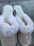 Fur Slippers Beige , Genuine Leather, Sheepskin