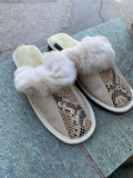 Fur Slippers Beige Leopard, Genuine Leather, Sheepskin