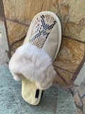 Fur Slippers Beige Leopard, Genuine Leather, Sheepskin