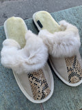 Fur Slippers Beige Leopard, Genuine Leather, Sheepskin