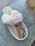 Fur Slippers Beige Leopard, Genuine Leather, Sheepskin